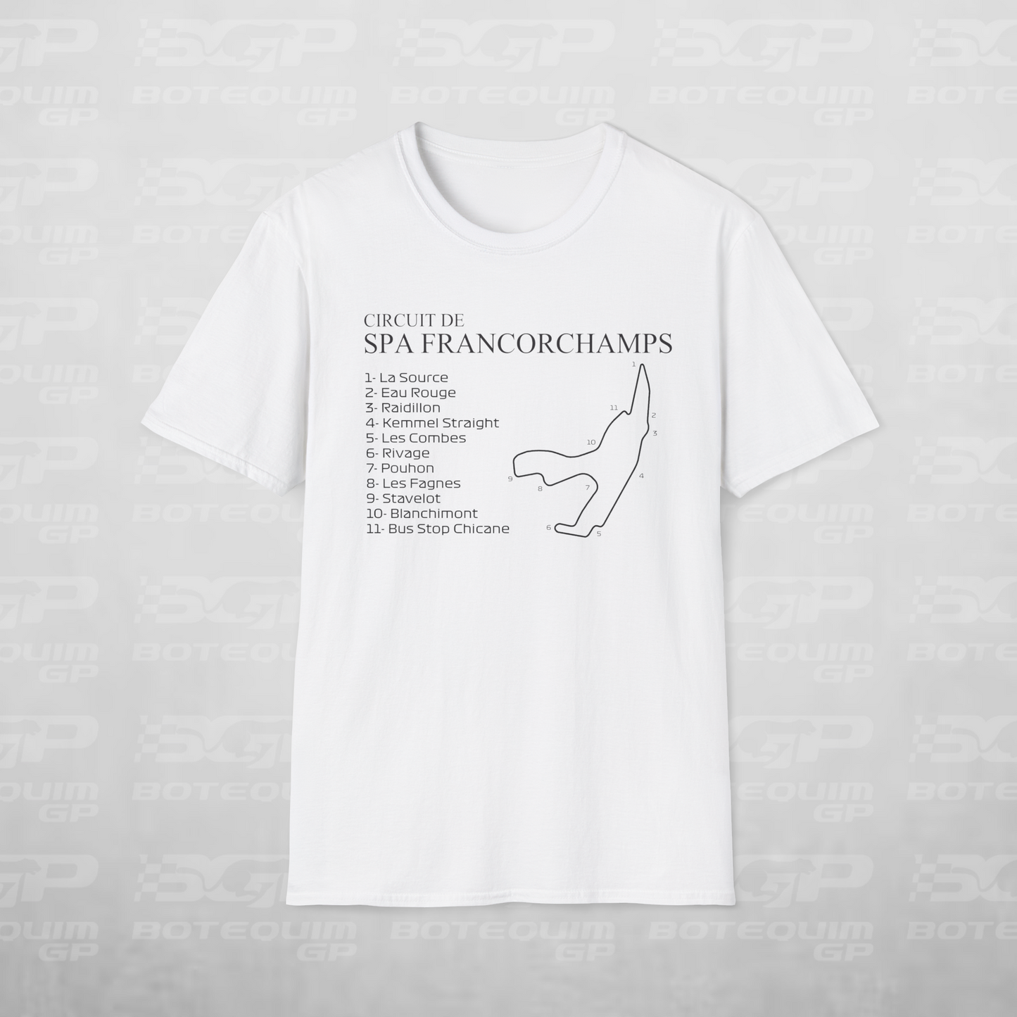 Camiseta Spa-Francorchamps nomes das curvas